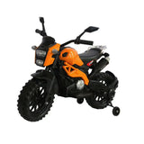 Toy motorcycle with orange and black design on a white background
