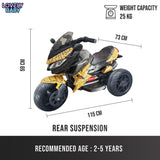 Measurement chart of a toy motorcycle with dimensions and weight capacity details.
