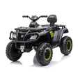 Children's electric ATV quad bike in green and black with large wheels, a leather seat, and front grille.