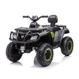 Children's electric ATV quad bike in green and black with large wheels, a leather seat, and front grille.