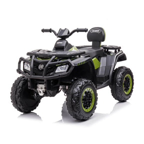 Children's electric ATV quad bike in green and black with large wheels, a leather seat, and front grille.