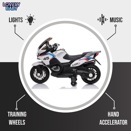 Children's toy motorcycle with features highlighted on a gray background