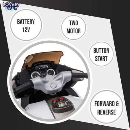 Control panel of a toy motorcycle with labeled features on a white background.