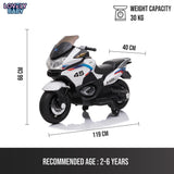 Toy motorcycle with dimensions and weight capacity details on a white background