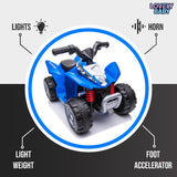 Blue toy ATV with features highlighted on a gray background