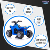 Blue toy ATV with features listed on a white background, branded 'Lovely Baby'.
