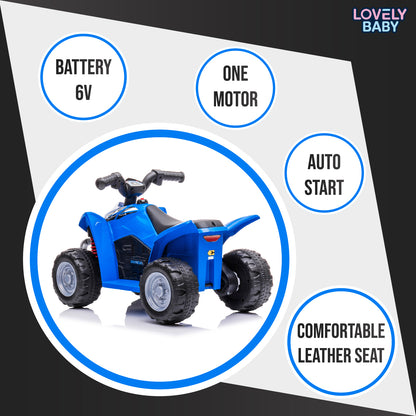 Blue toy ATV with features listed on a white background, branded 'Lovely Baby'.
