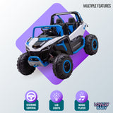Toy off-road vehicle with features like steering control, LED lights, and music player on a light purple background.