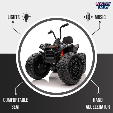 Toy ATV with features like lights, music, comfortable seat, and hand accelerator on a gray background.
