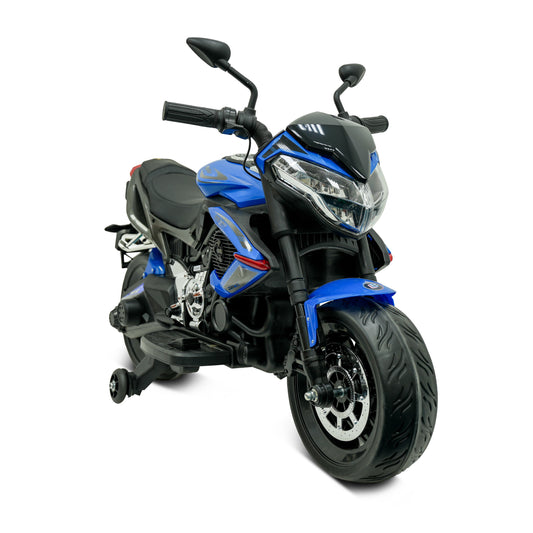 Blue and black toy motorcycle on a white background