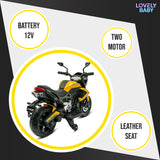 Toy motorcycle with features highlighted on a white background