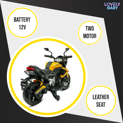 Toy motorcycle with features highlighted on a white background