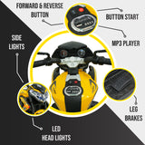 Yellow toy motorcycle with labeled features on a black and white background