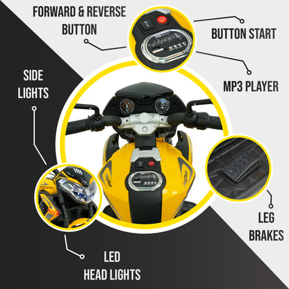 Yellow toy motorcycle with labeled features on a black and white background