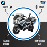 Toy police motorcycle with features highlighted on a gray background