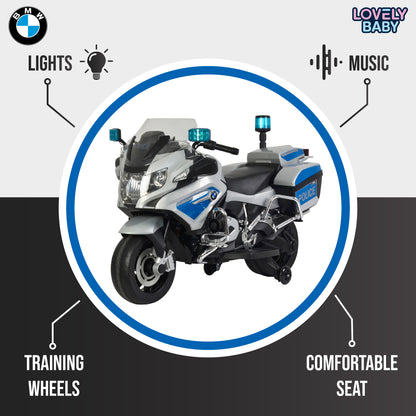 Toy police motorcycle with features highlighted on a gray background