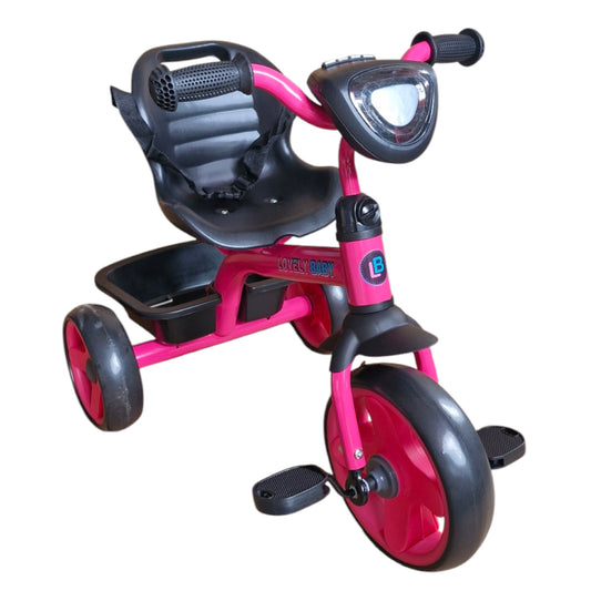 Pink and black tricycle with a seat on a white background