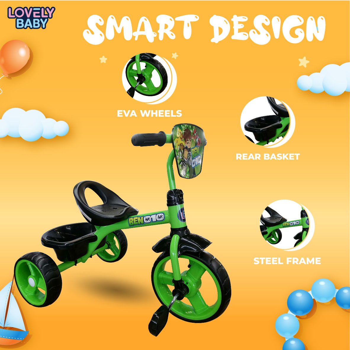 Lovely Baby Plug & Play Trike with Rear Basket
