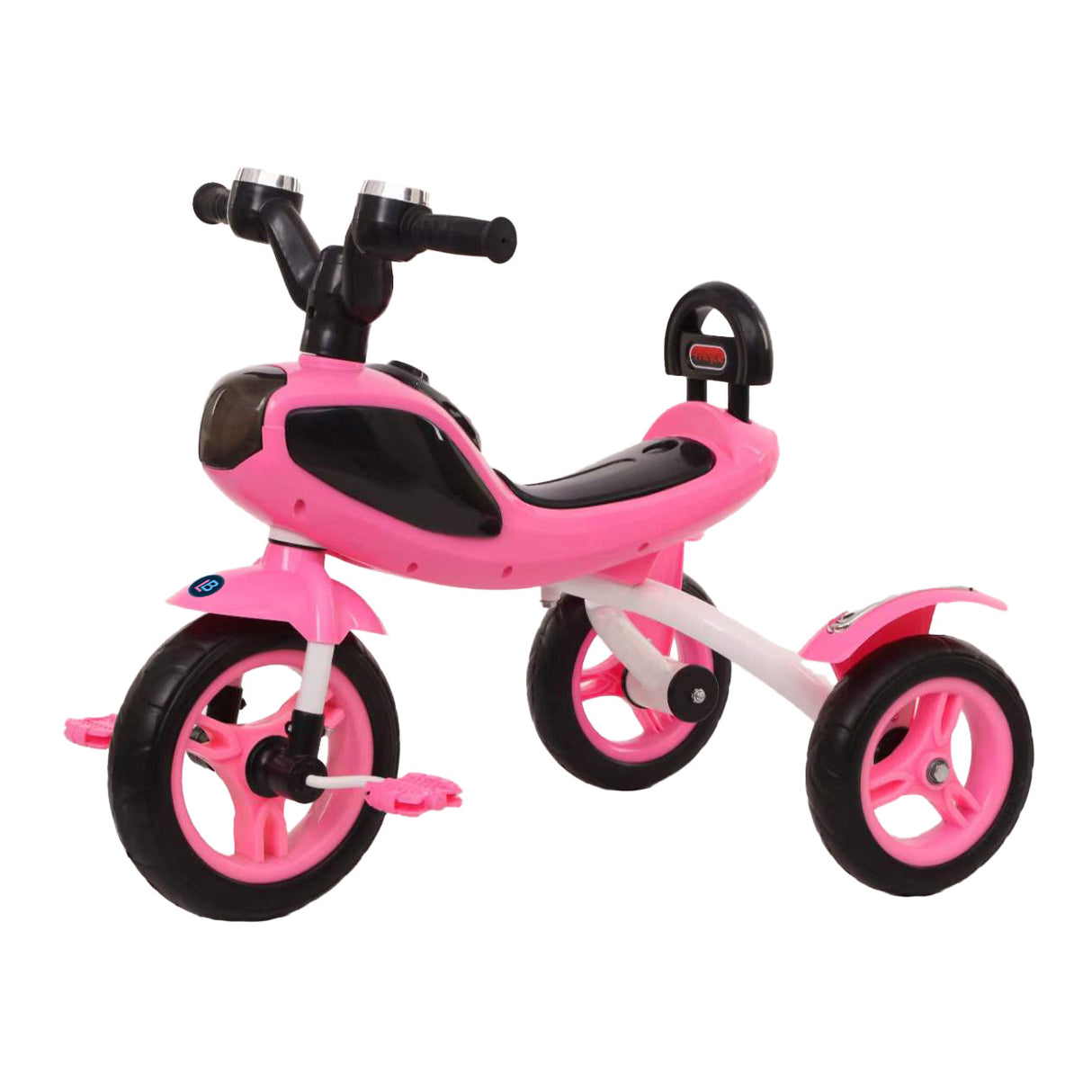 Pink and black tricycle on a white background