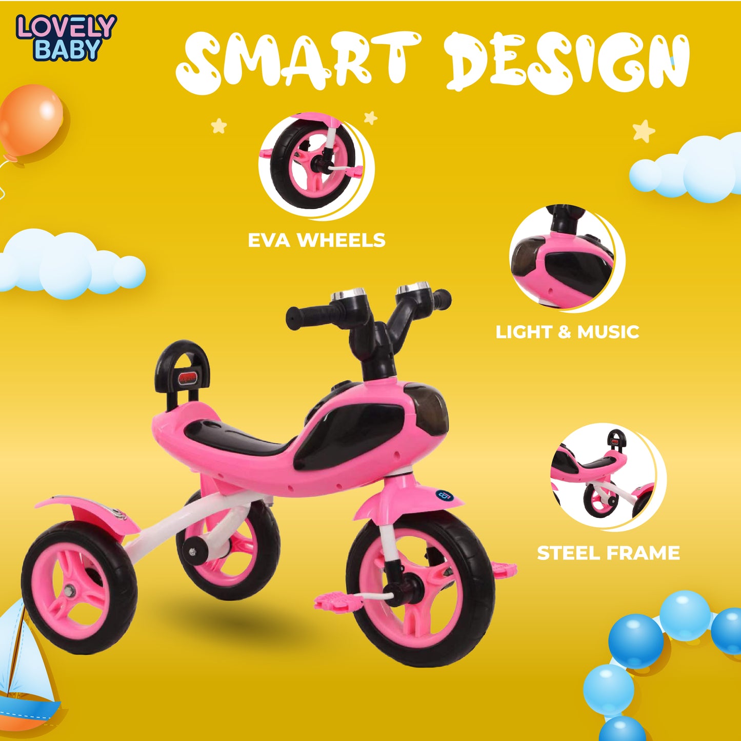 Pink children's tricycle with features highlighted on a yellow background