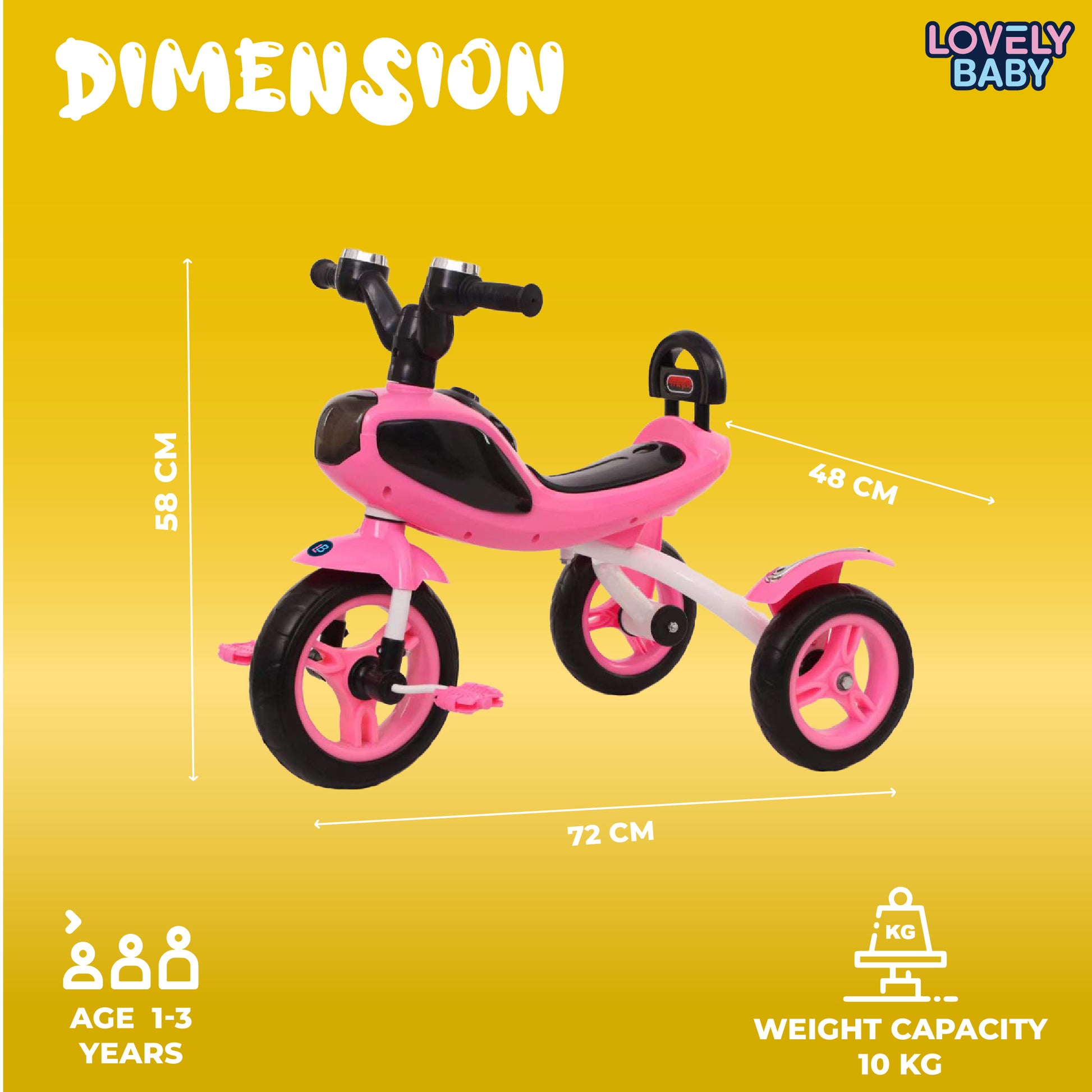 Pink tricycle with dimensions and features on a yellow background, branded as 'Lovely Baby'.