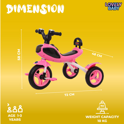 Pink tricycle with dimensions and features on a yellow background, branded as 'Lovely Baby'.