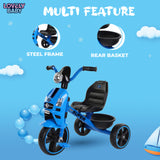 Blue children's tricycle with features highlighted on a blue background