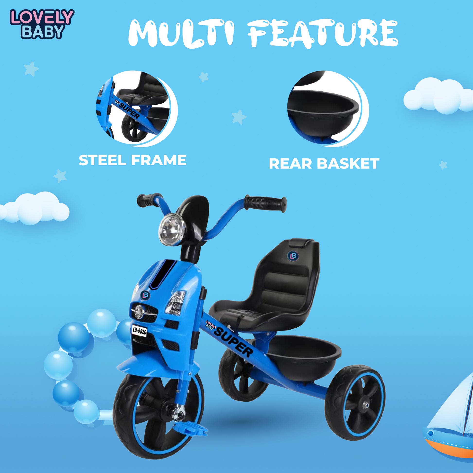 Blue children's tricycle with features highlighted on a blue background