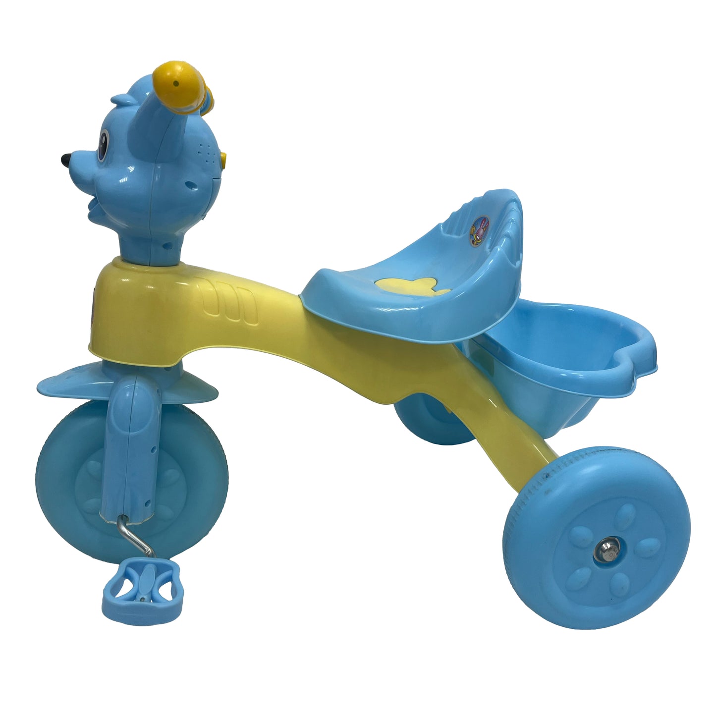 Children's toy tricycle with blue and yellow colors on a white background