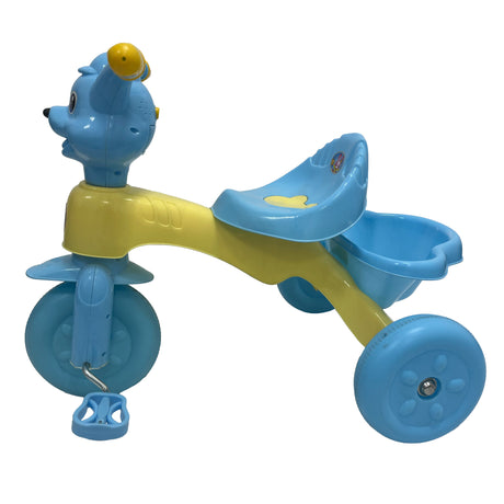 Children's toy tricycle with blue and yellow colors on a white background