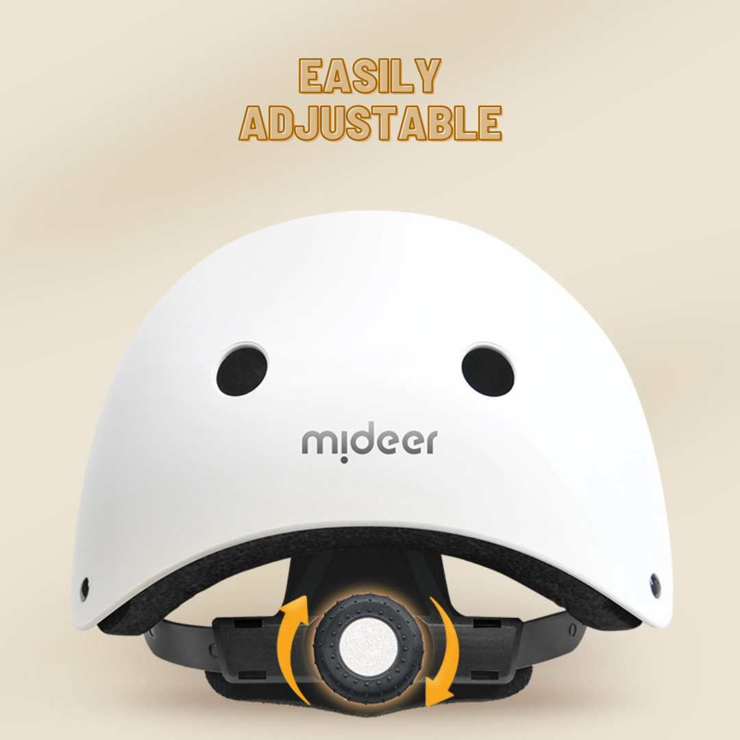 White helmet with black straps and 'mideer' branding on a beige background