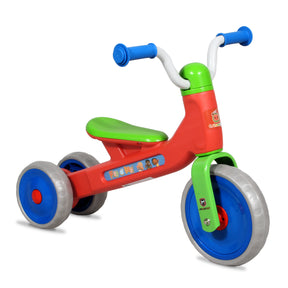 Colorful children's cocomelon tricycle with red body, green seat, and blue wheels on a white background