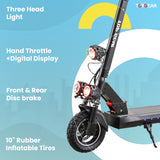 Electric scooter with features listed on a blue and white background