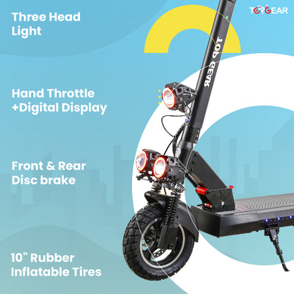 Electric scooter with features listed on a blue and white background