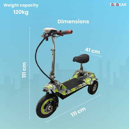 Electric scooter with dimensions and weight capacity on a blue background