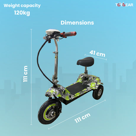 Electric scooter with dimensions and weight capacity on a blue background