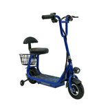 Blue electric scooter with a seat and basket on a white background