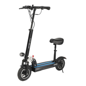 Blue electric scooter with a seat on a white background