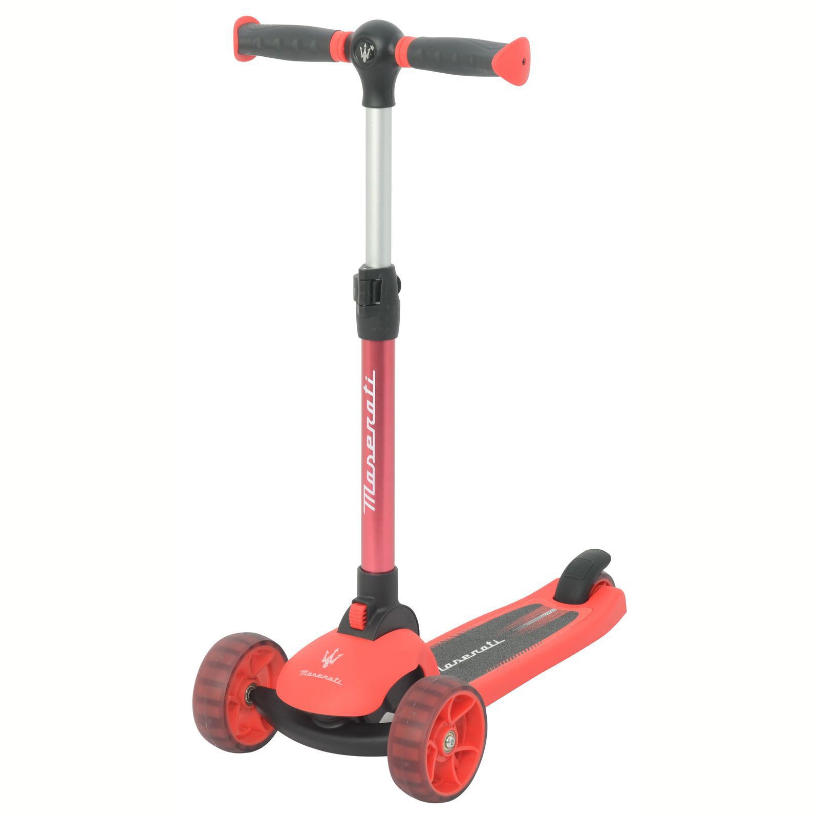 Red scooter with black handlebar and wheels on a white background