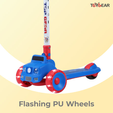 Children's scooter with flashing PU wheels on a yellow background, featuring the Top Gear brand.