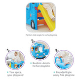 Children's play area with slide and toy car, featuring safety and design details.