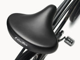 Black bicycle seat with 'Electra' branding on a white background