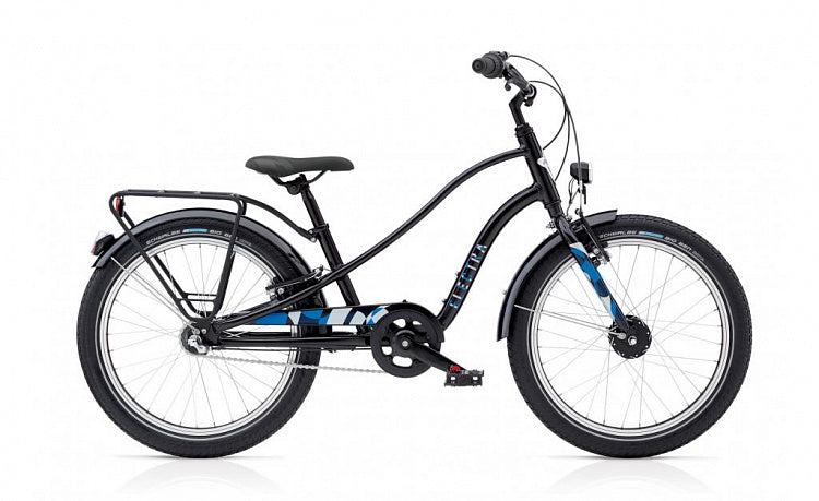 Black children's bicycle with blue accents on a white background