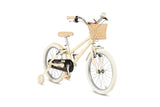 Beige children's bike with a basket on a white background