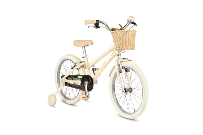 Beige children's bike with a basket on a white background