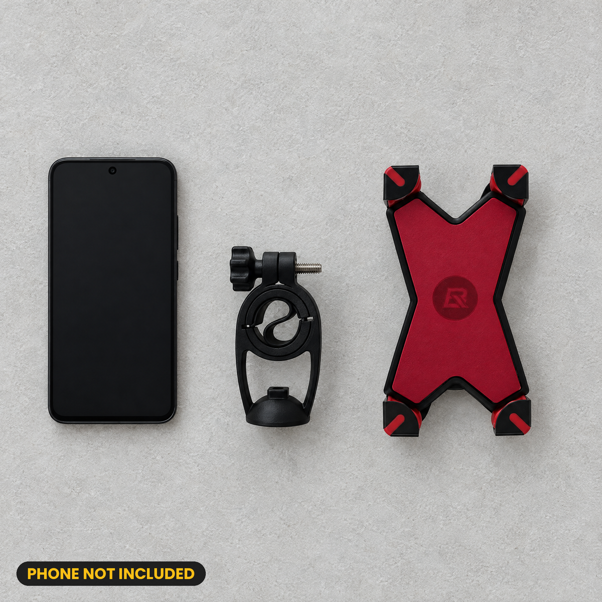 Red X-Grip phone holder and clamp flat lay (phone not included)