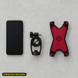 Red X-Grip phone holder and clamp flat lay (phone not included)