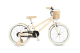 Beige children's bike with a basket on a white background