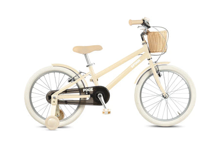 Beige children's bike with a basket on a white background