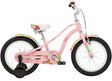 Pink children's bicycle with fruit designs on a white background